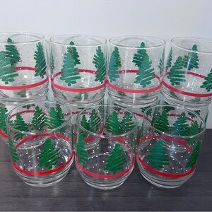 Set of 11 Libbey Holiday Glasses with Green Trees and Red Accents Vintage